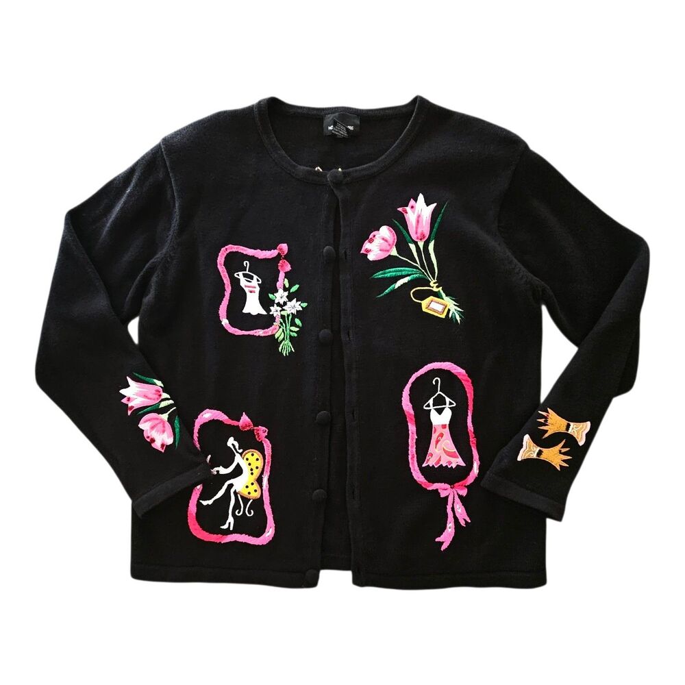 Vtg 90's Black Fashion Diva Embroidered Cardigan Sweater Med Dark Whimsy Artsy